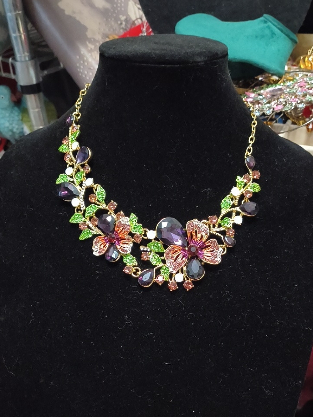 New Floral Glass Statement Necklace - Purple & Green